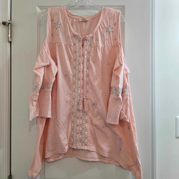 Style & Co Peasant Cold Shoulder Top - Pink with Silver and White Accents - Picture 5 of 11